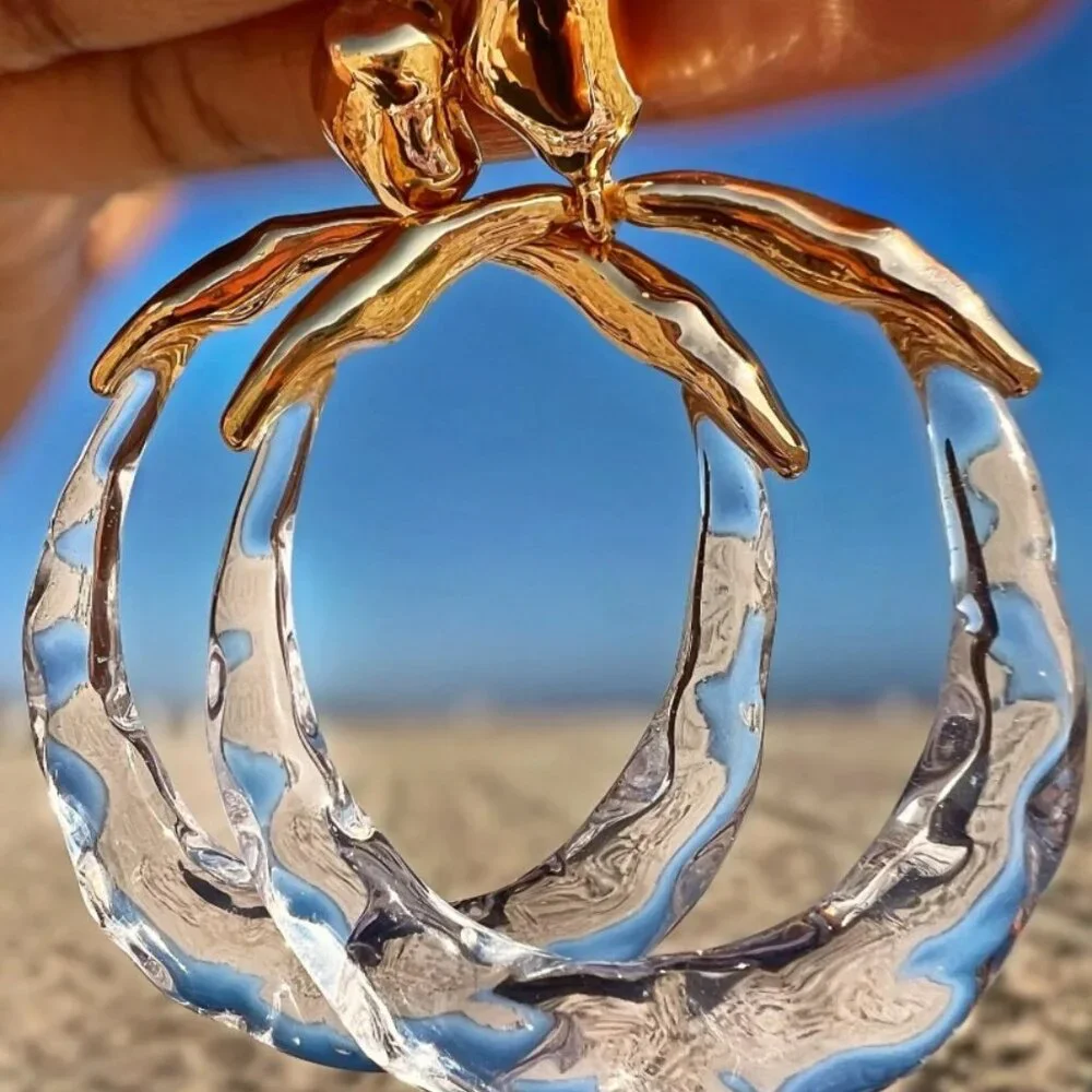 Alexis Bittar Molten Gold Metal and Clear Lucite Hoop Drop Earrings - Picture 7 of 8